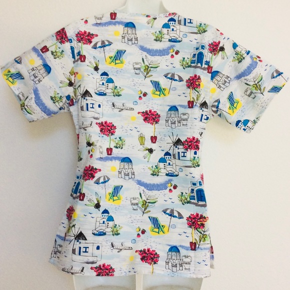 WonderWink SANTORINI Greek Vacation Print SCRUB TOP XS - Picture 8 of 14